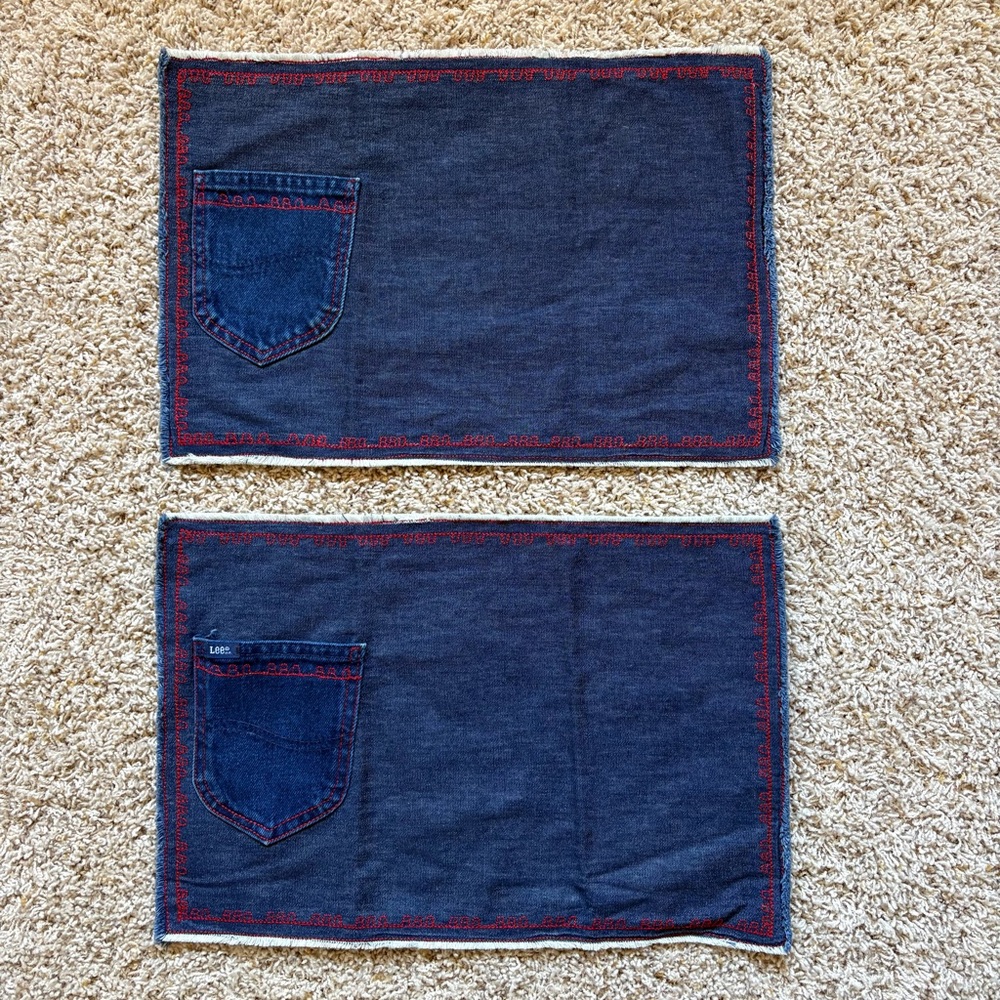 Denim Placemats with Lee Pockets, Red BBQ Stitching, handmade
